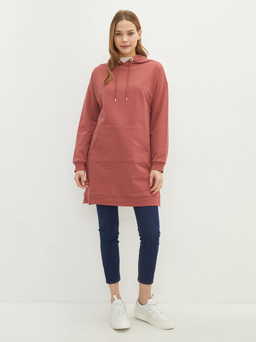 Hooded Plain Long Sleeve Oversize Women's Sweatshirt Tunic-2