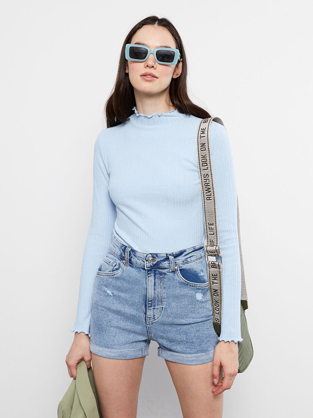 Mavi Fırfırlı Dik Yaka Düz Uzun Kollu Kadın Kazak-1