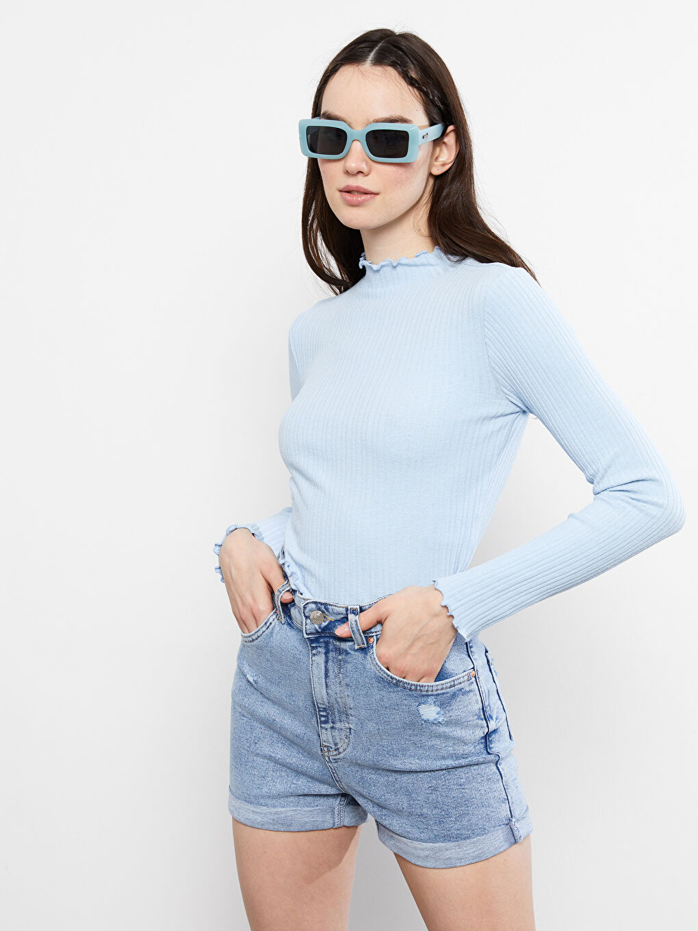 Mavi Fırfırlı Dik Yaka Düz Uzun Kollu Kadın Kazak-2