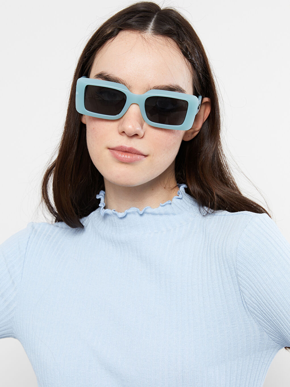 Mavi Fırfırlı Dik Yaka Düz Uzun Kollu Kadın Kazak-3