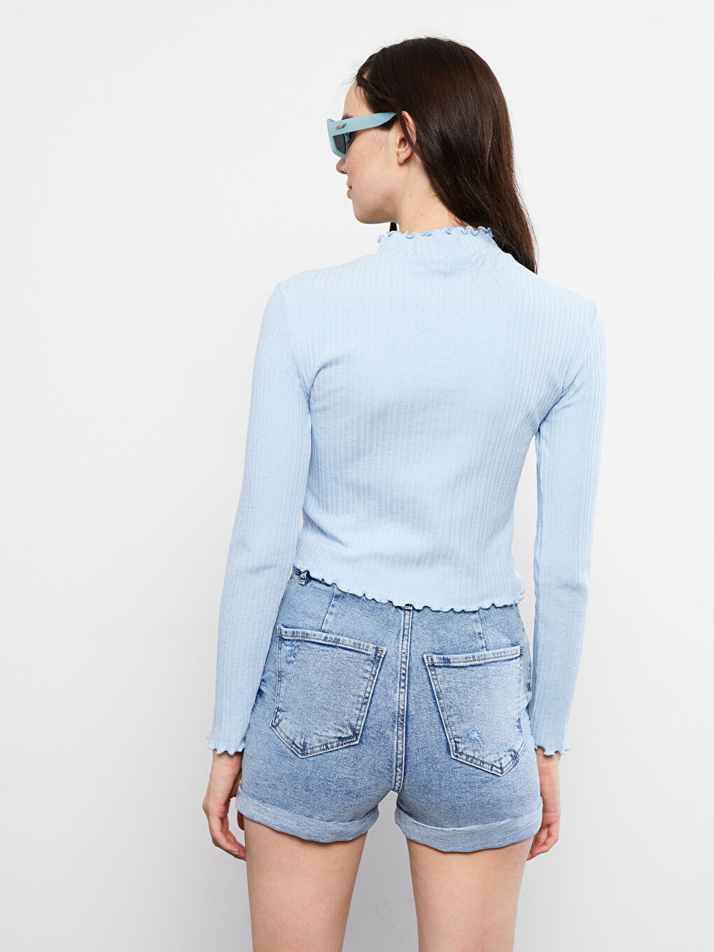 Mavi Fırfırlı Dik Yaka Düz Uzun Kollu Kadın Kazak-4