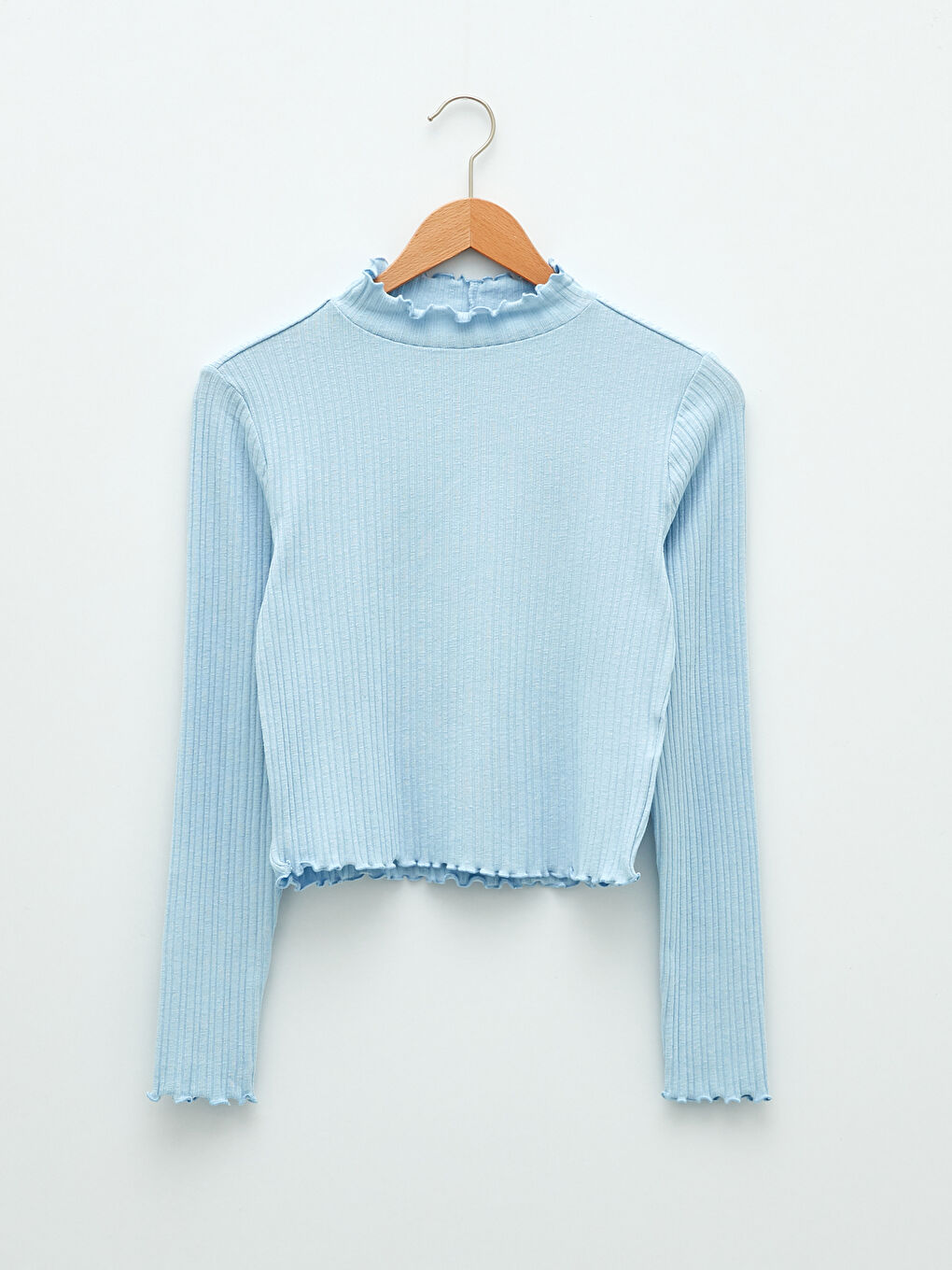 Mavi Fırfırlı Dik Yaka Düz Uzun Kollu Kadın Kazak-5