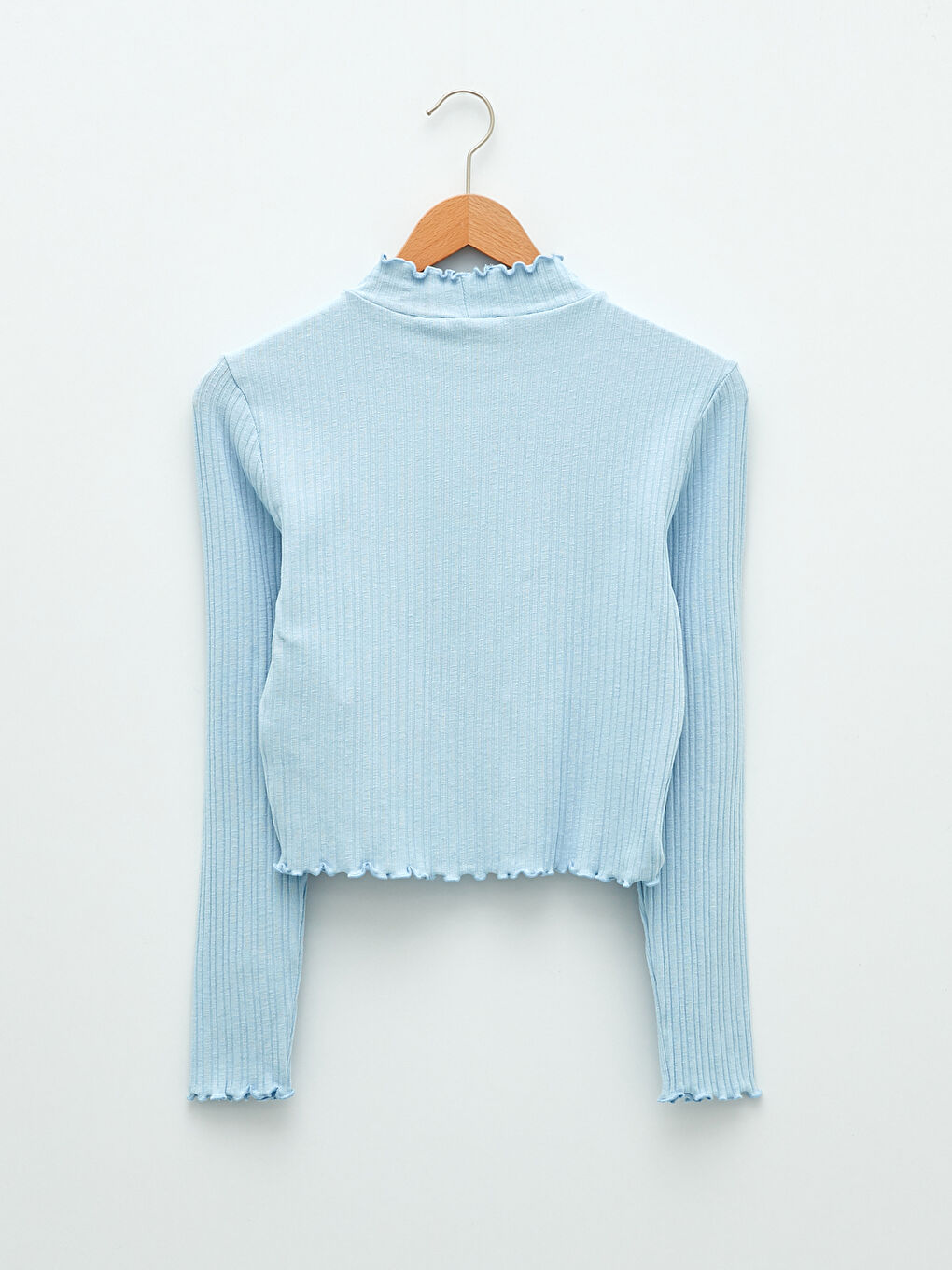 Mavi Fırfırlı Dik Yaka Düz Uzun Kollu Kadın Kazak-6