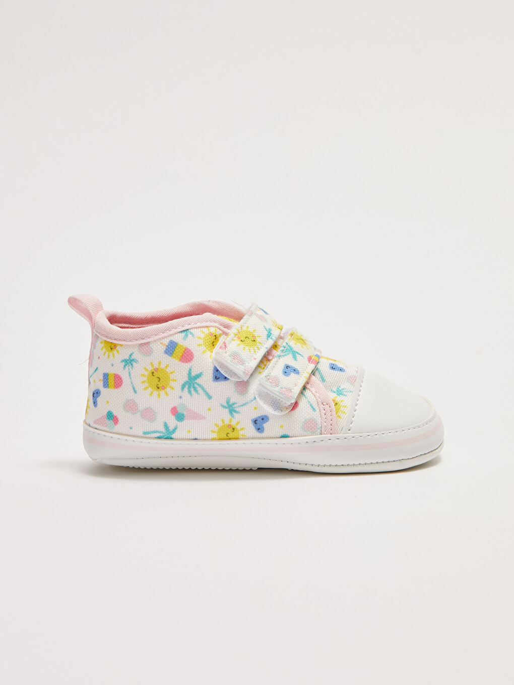 Beyaz Baskılı Cırt Cırtlı Kız Bebek Yürüme Öncesi Ev Ayakkabısı-1