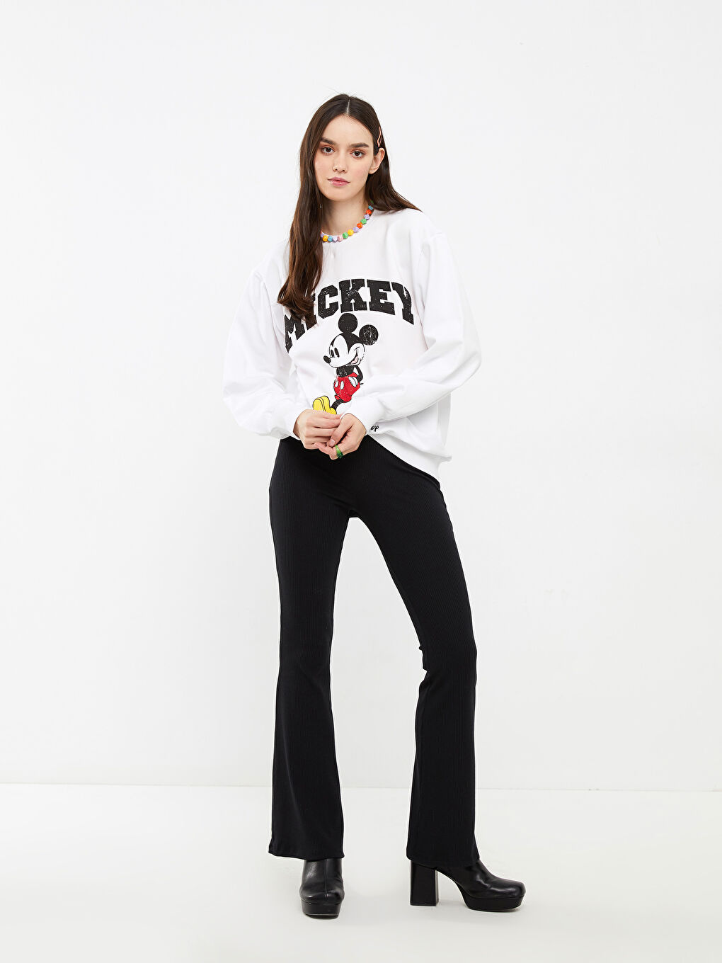 Sweat-shirt à col rond imprimé Mickey Mouse à manches longues pour Femmes