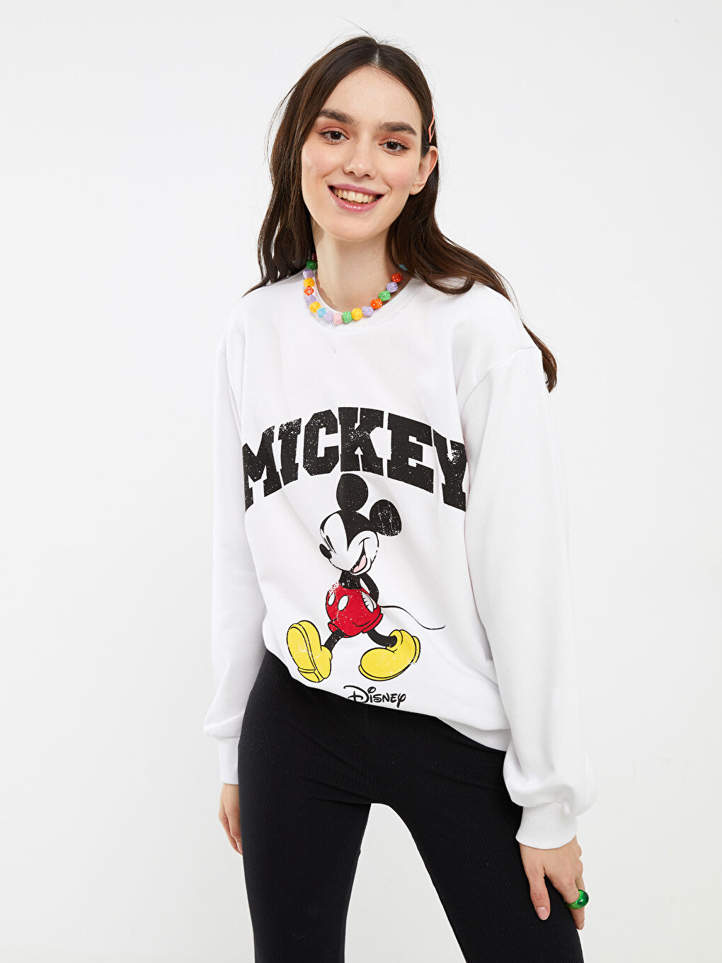 Sweat-shirt à col rond imprimé Mickey Mouse à manches longues pour Femmes-2