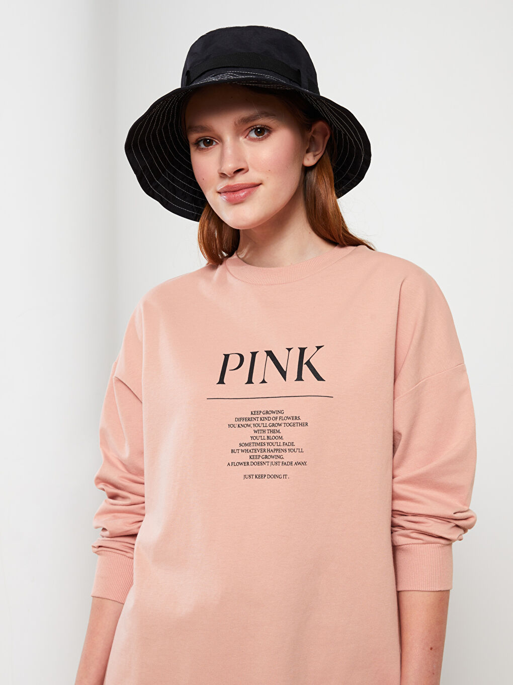 Pembe Bisiklet Yaka Yazı Baskılı Uzun Kollu Oversize Kadın Sweatshirt Tunik-2