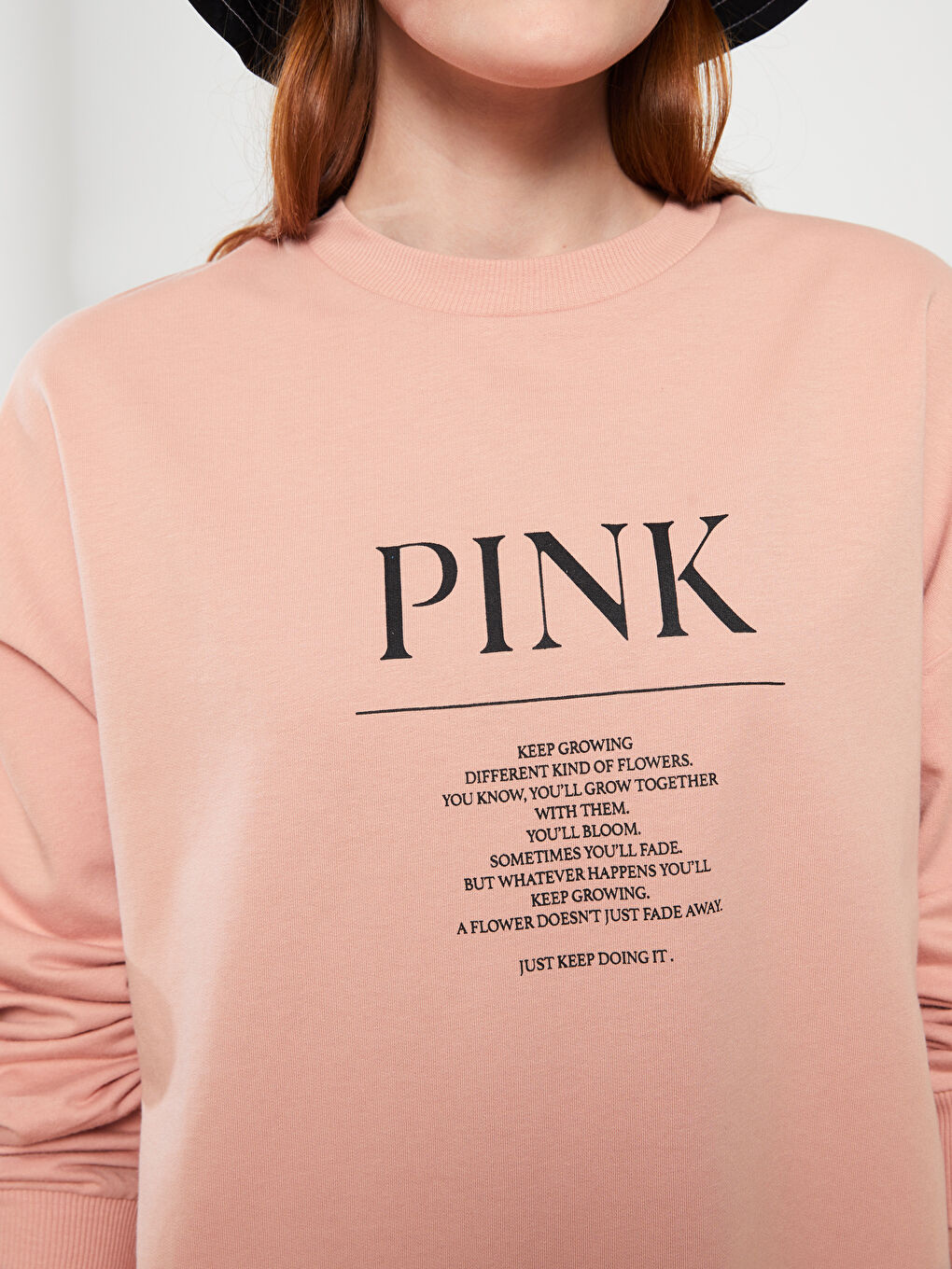 Pembe Bisiklet Yaka Yazı Baskılı Uzun Kollu Oversize Kadın Sweatshirt Tunik-3