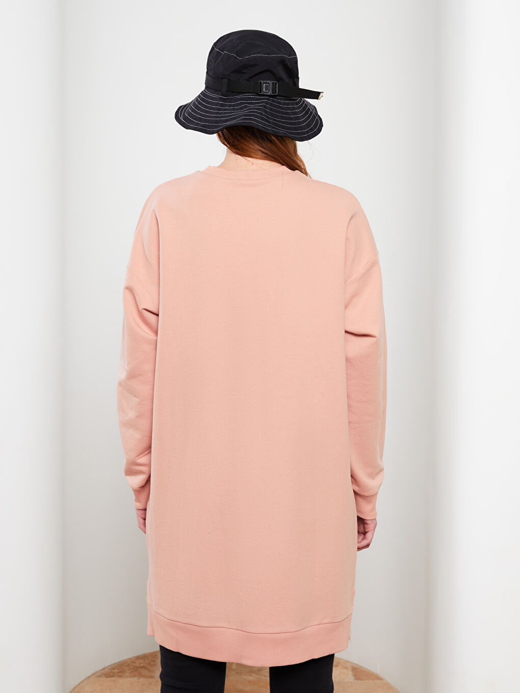 Pembe Bisiklet Yaka Yazı Baskılı Uzun Kollu Oversize Kadın Sweatshirt Tunik-4