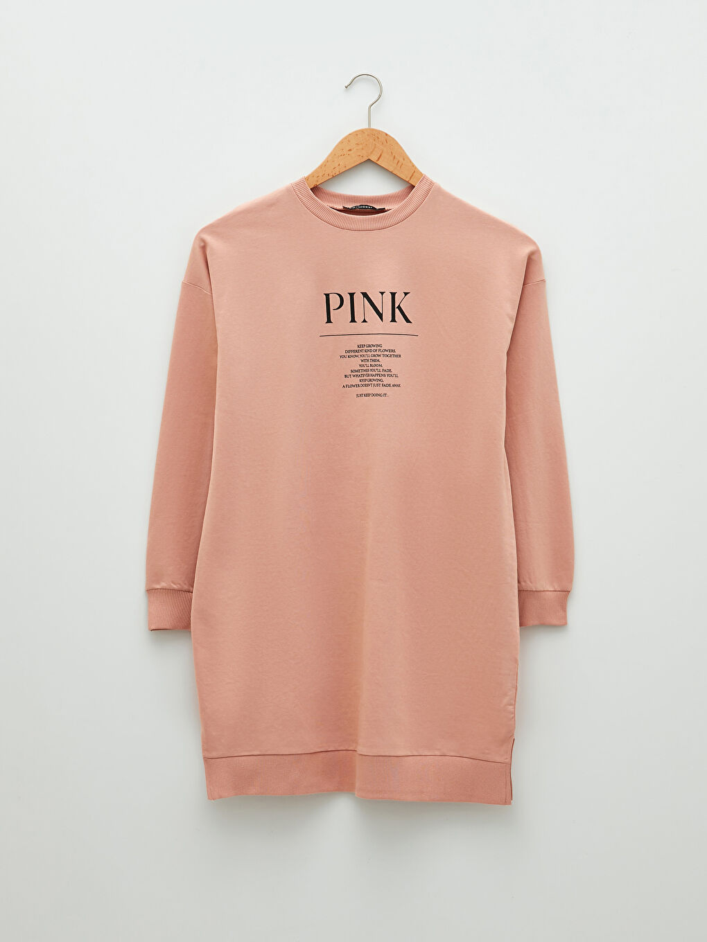 Pembe Bisiklet Yaka Yazı Baskılı Uzun Kollu Oversize Kadın Sweatshirt Tunik-5
