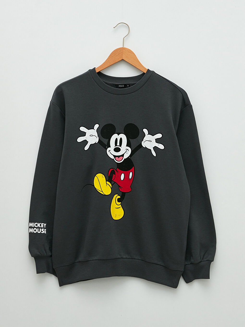 Gri Bisiklet Yaka Mickey Mouse Baskılı Uzun Kollu Kadın Sweatshirt-5