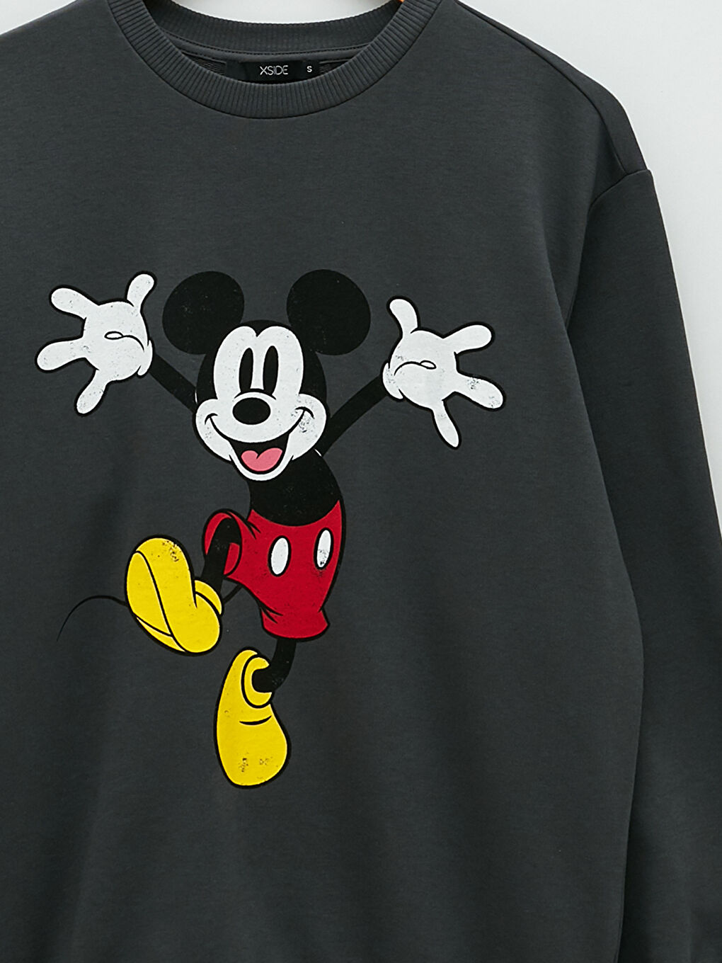 Gri Bisiklet Yaka Mickey Mouse Baskılı Uzun Kollu Kadın Sweatshirt-7