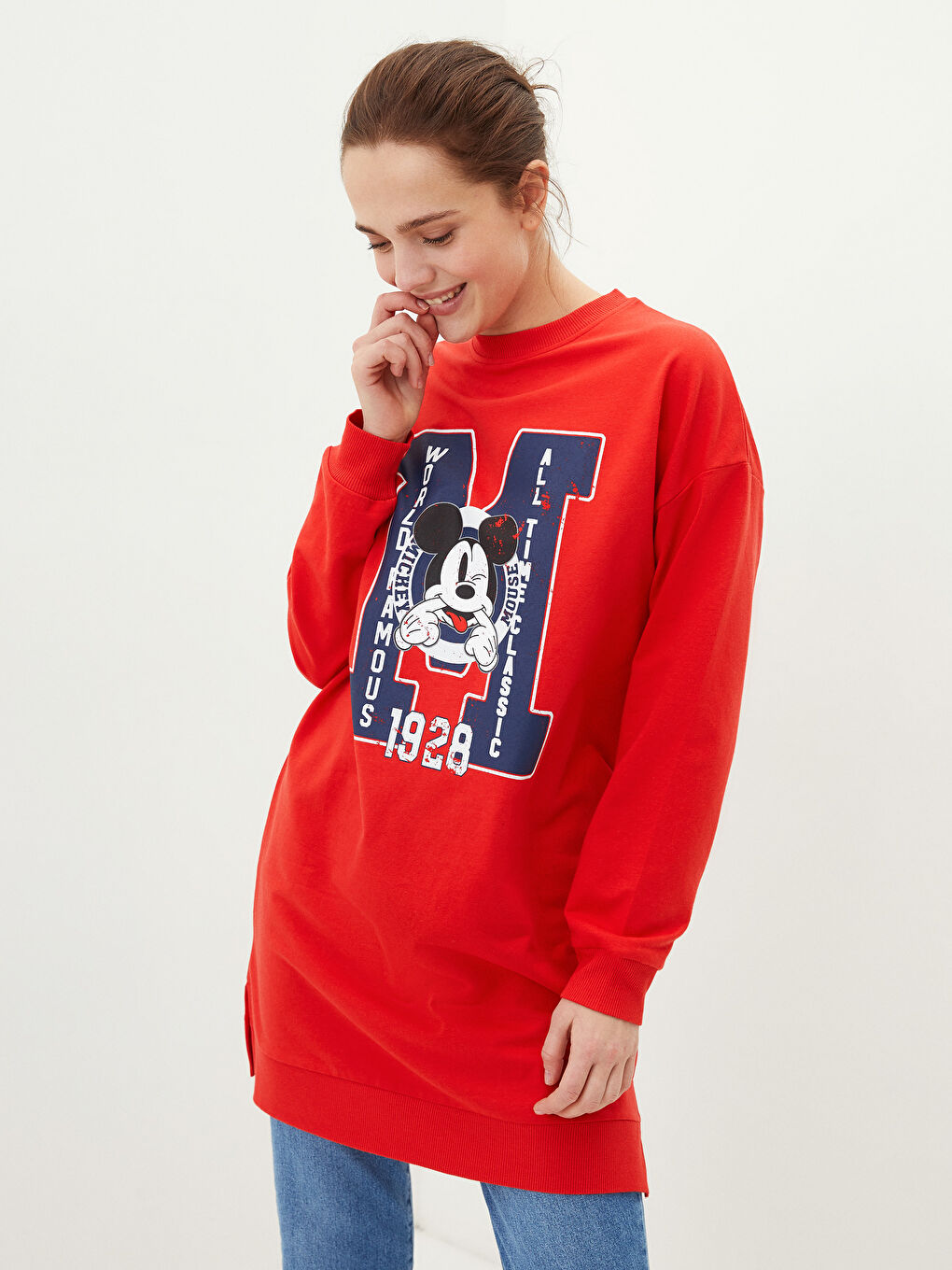 Crew Neck Mickey Mouse Printed Long Sleeve Oversize Women's Sweatshirt Tunic-1