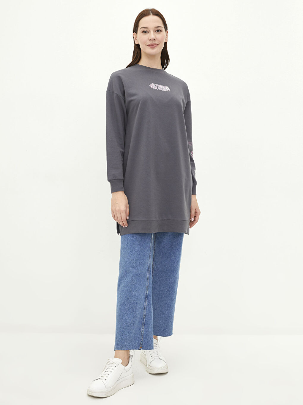 Crew Neck Printed Long Sleeve Oversize Women's Sweatshirt Tunic-2