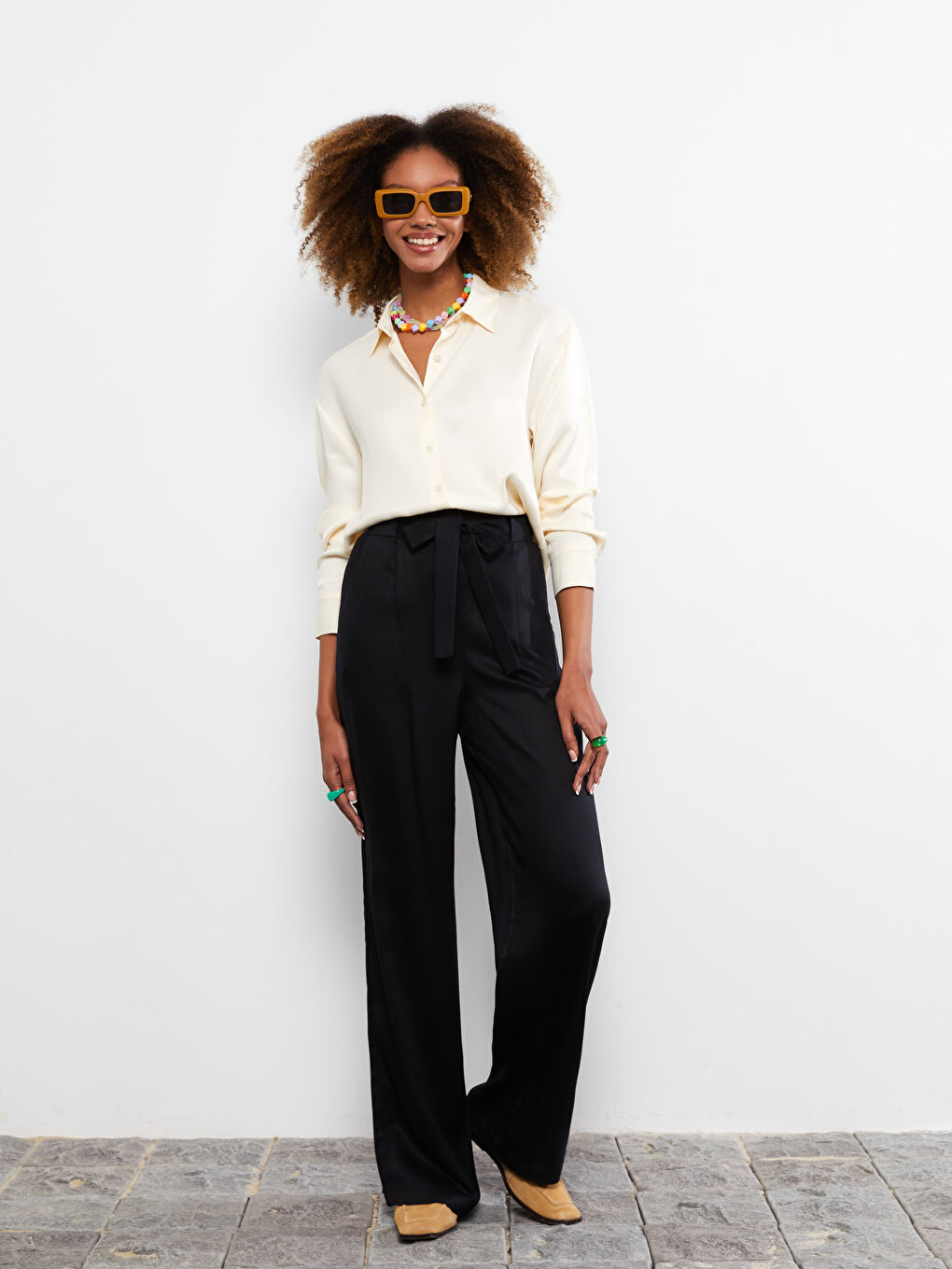 Pantalon Femme en Viscose avec Taille Élastique et Détail Noué-1