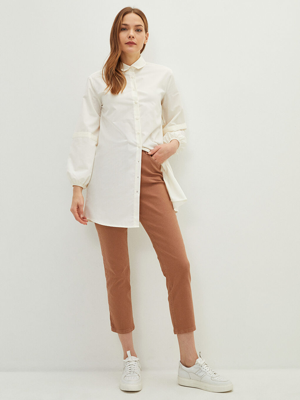 Kahverengi Slim Fit Düz Cep Detaylı Gabardin Kumaş Kadın Pantolon-2