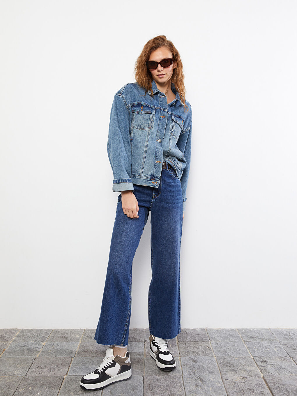 İndigo Yüksek Bel Wideleg Cep Detaylı Kadın Rodeo Jean Pantolon-1