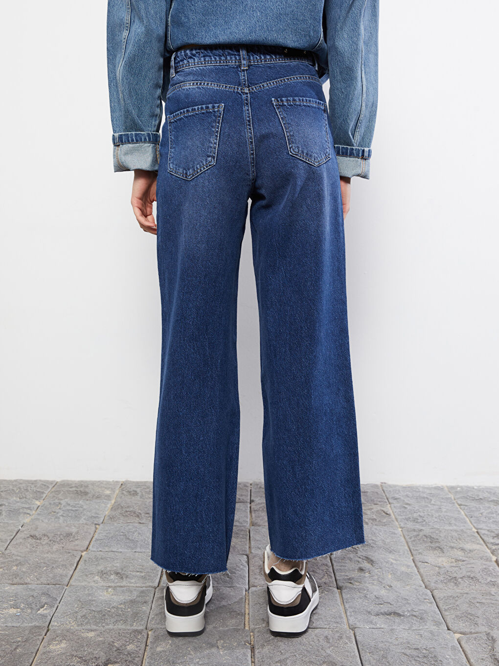 İndigo Yüksek Bel Wideleg Cep Detaylı Kadın Rodeo Jean Pantolon-4