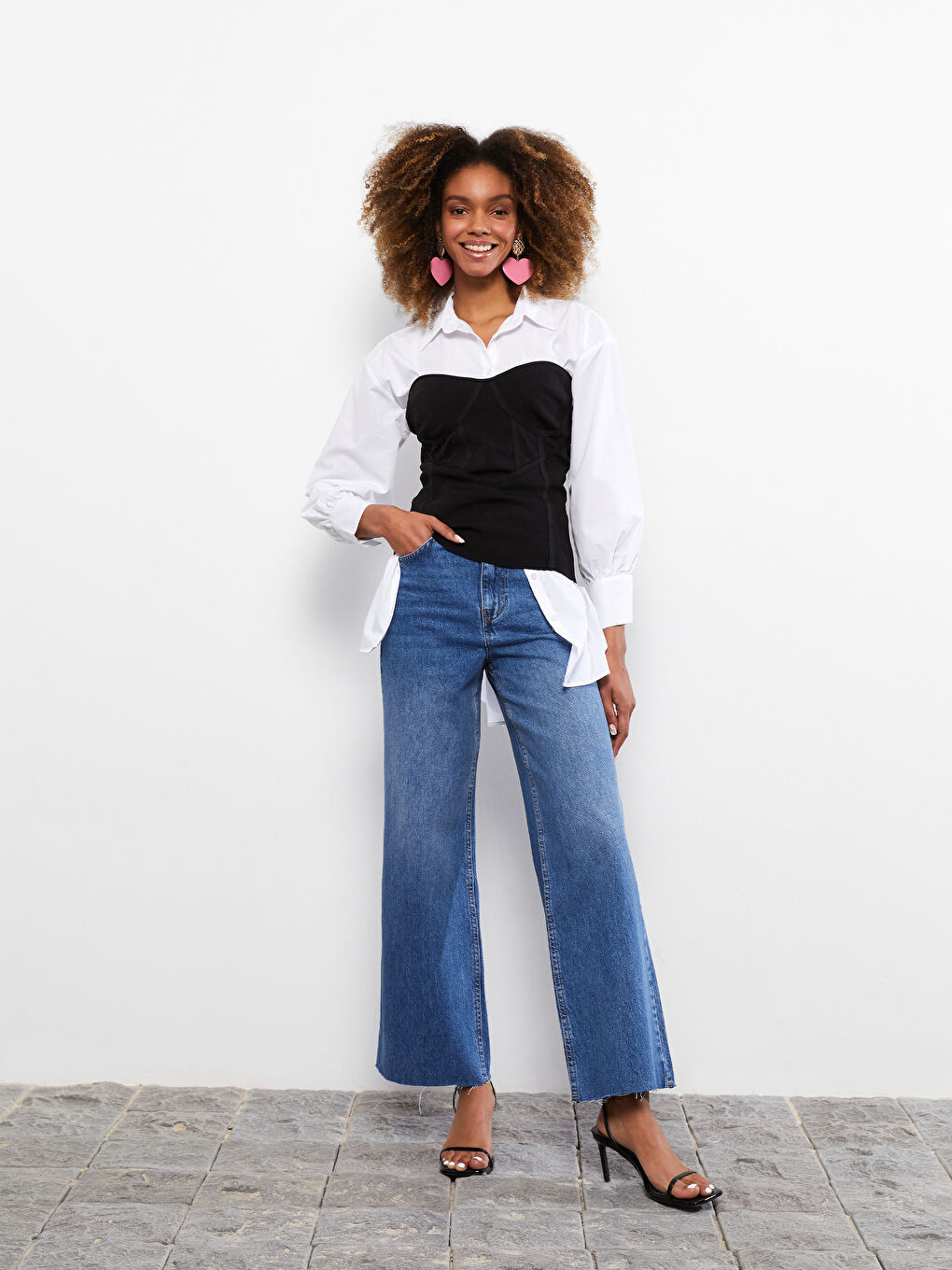 İndigo Yüksek Bel Wideleg Cep Detaylı Kadın Rodeo Jean Pantolon-1