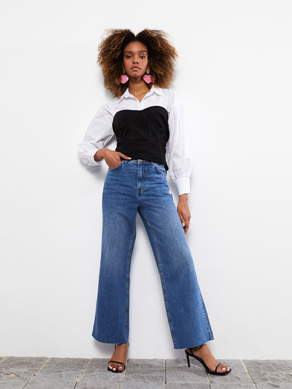 İndigo Yüksek Bel Wideleg Cep Detaylı Kadın Rodeo Jean Pantolon-2