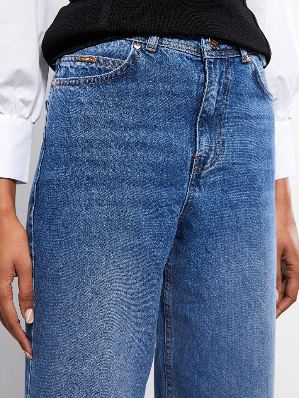 İndigo Yüksek Bel Wideleg Cep Detaylı Kadın Rodeo Jean Pantolon-3