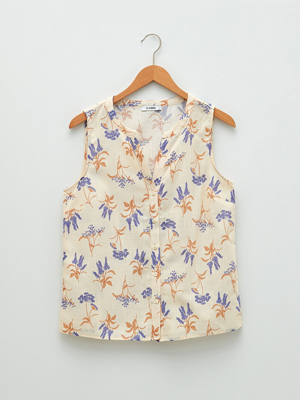 Henley Neckline Floral Sleeveless Poplin Women's Blouse-4