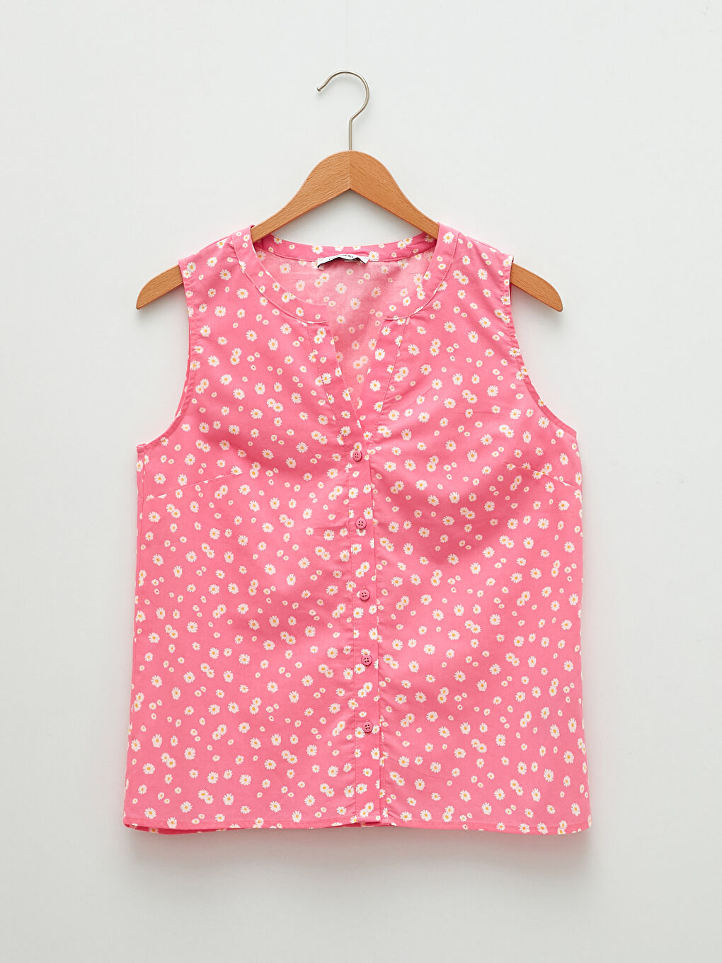 Henley Neckline Floral Sleeveless Poplin Women's Blouse-5