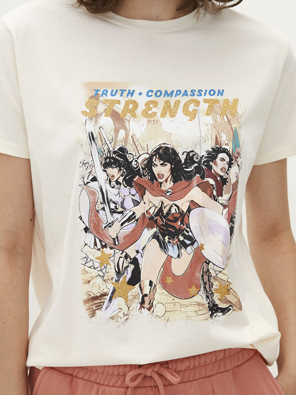T-shirt en Coton à Manches Courtes Imprimé Wonder Woman à Col Rond pour Femmes-3