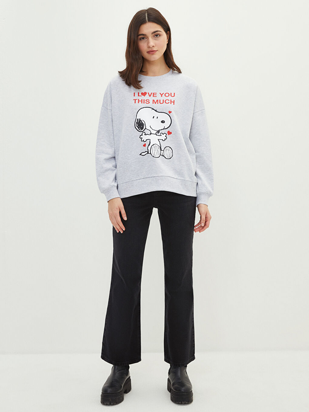 Gri Bisiklet Yaka Snoopy Baskılı Uzun Kollu Oversize Kadın Sweatshirt-2