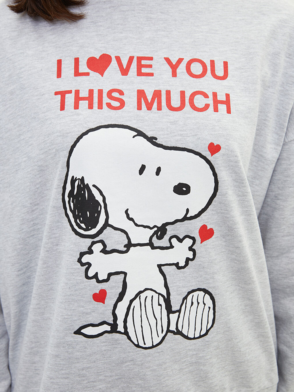 Gri Bisiklet Yaka Snoopy Baskılı Uzun Kollu Oversize Kadın Sweatshirt-3