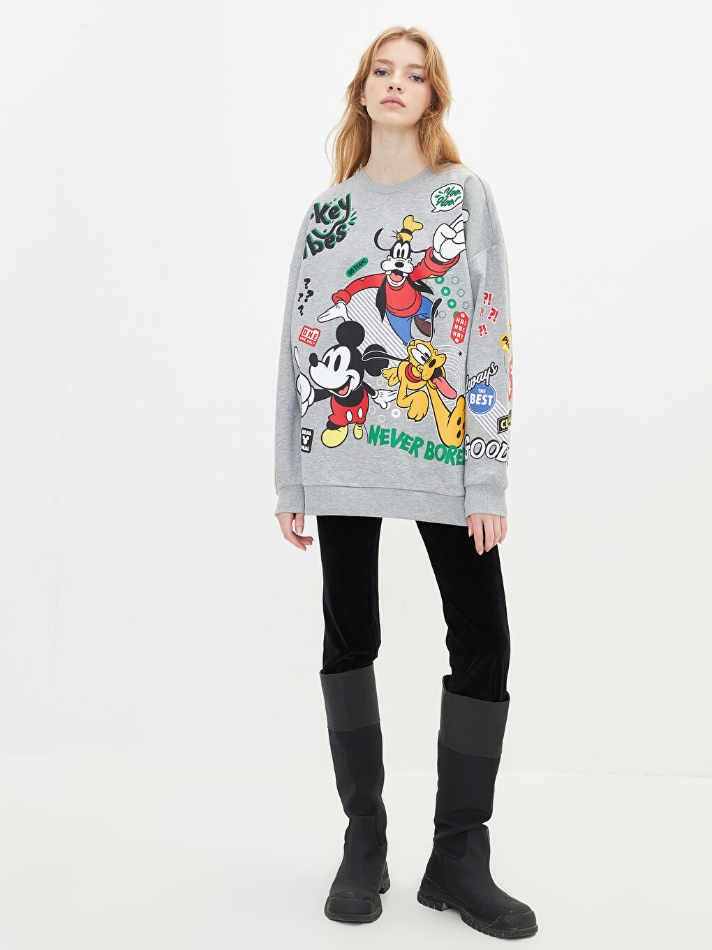 Gri Bisiklet Yaka Mickey Mouse Baskılı Uzun Kollu Kadın Sweatshirt-3
