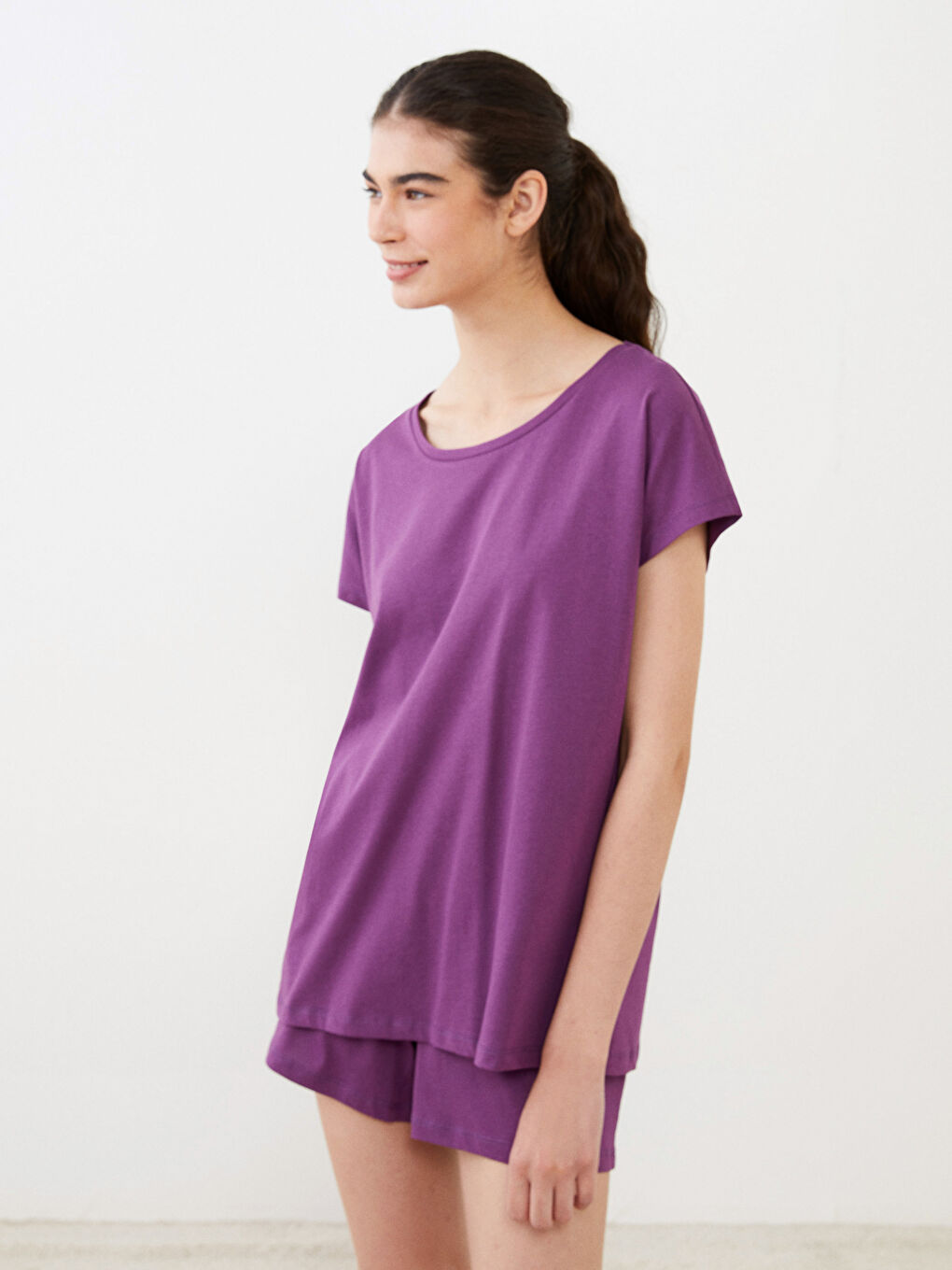 Crew Neck Straight Short Sleeve Cotton Women's Pajamas Set-1