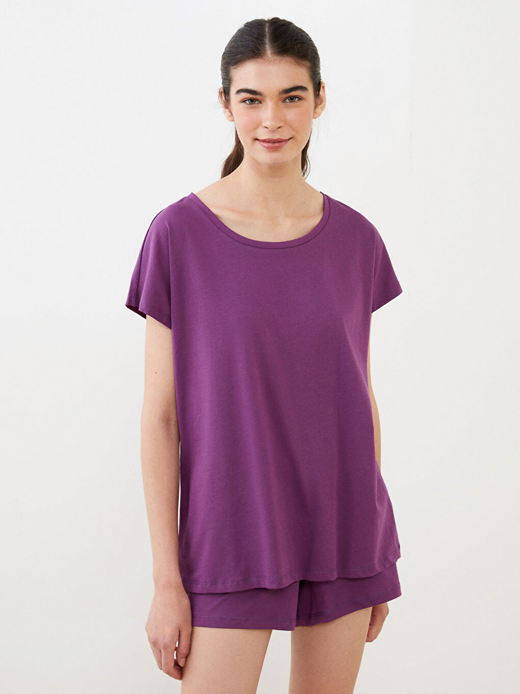 Crew Neck Straight Short Sleeve Cotton Women's Pajamas Set-2
