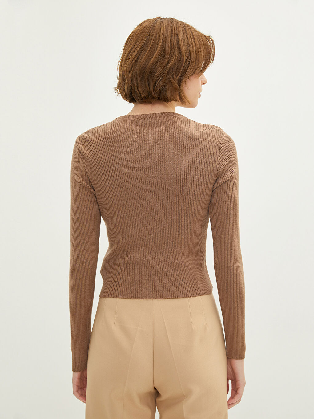 سترة تريكو كم طويل عادي ياقة دائرية رفيع للسيدات-4