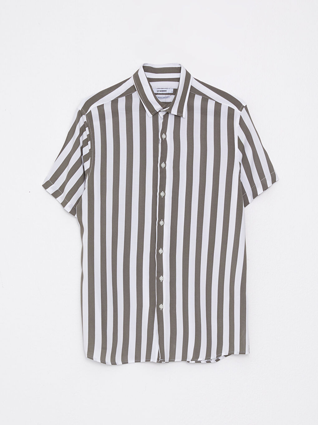 Haki Regular Fit Kısa Kollu Çizgili Poplin Erkek Gömlek-5