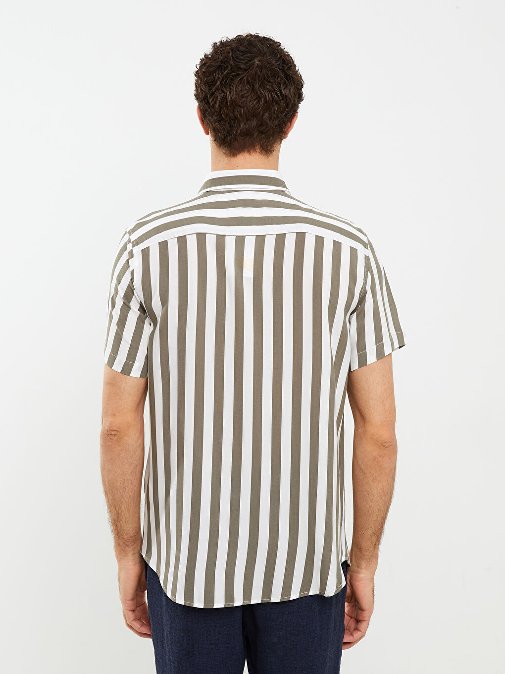 Haki Regular Fit Kısa Kollu Çizgili Poplin Erkek Gömlek-4