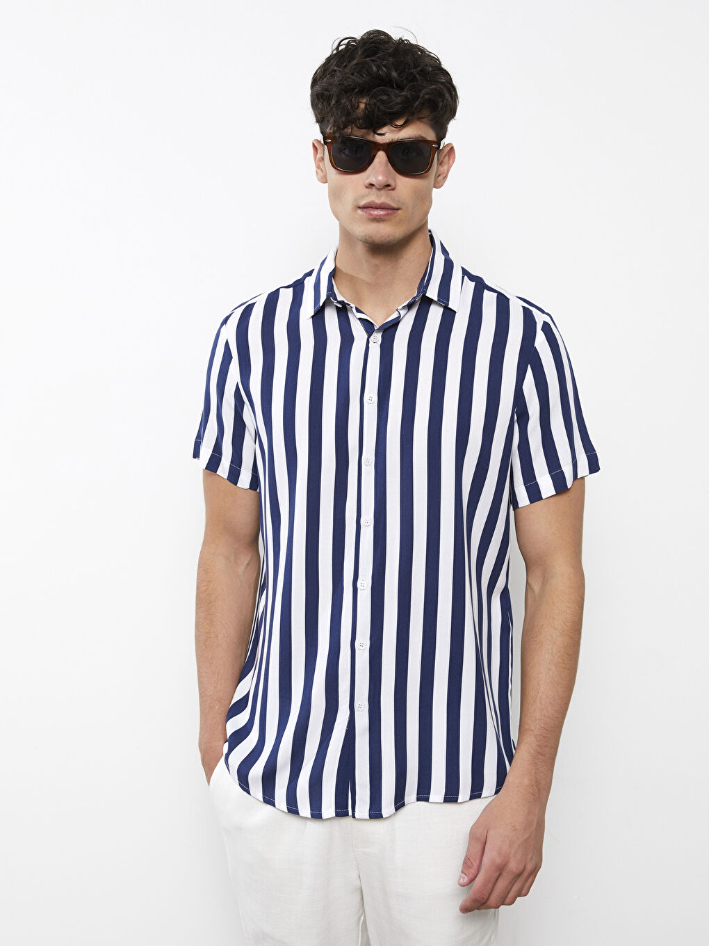 Lacivert Regular Fit Kısa Kollu Çizgili Poplin Erkek Gömlek