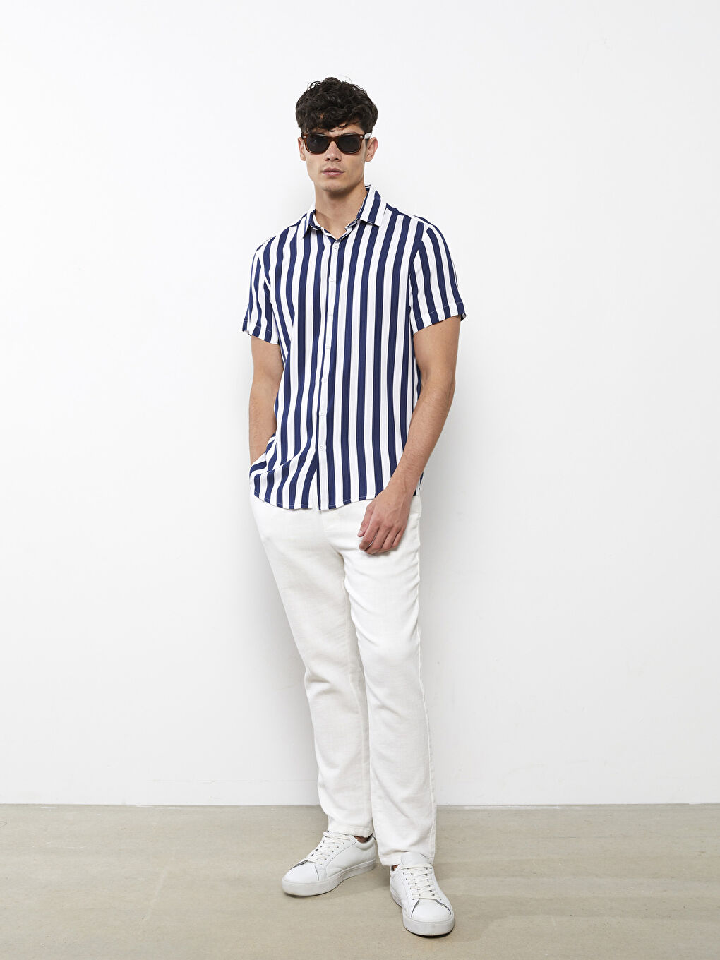 Lacivert Regular Fit Kısa Kollu Çizgili Poplin Erkek Gömlek-1