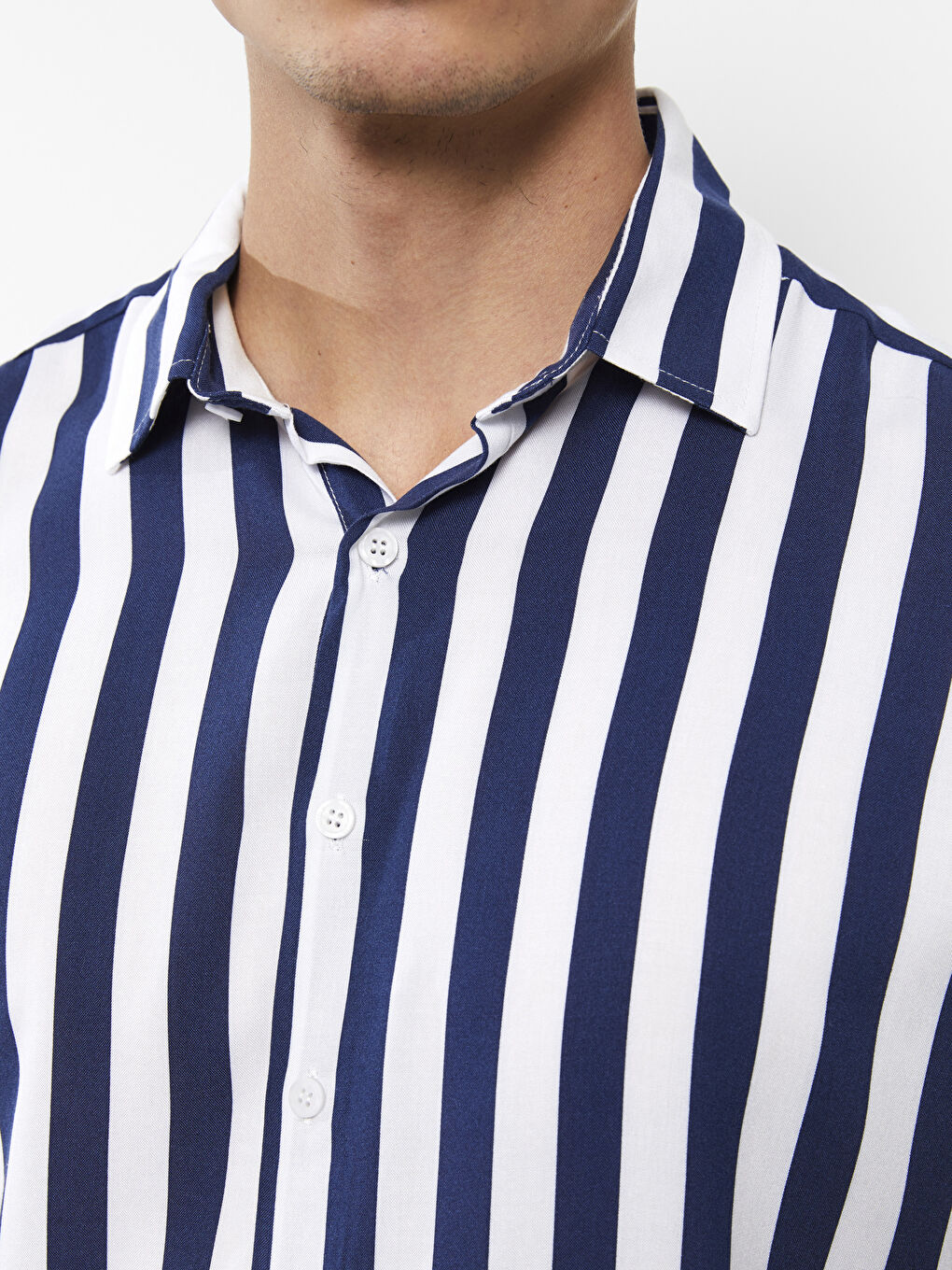 Lacivert Regular Fit Kısa Kollu Çizgili Poplin Erkek Gömlek-3
