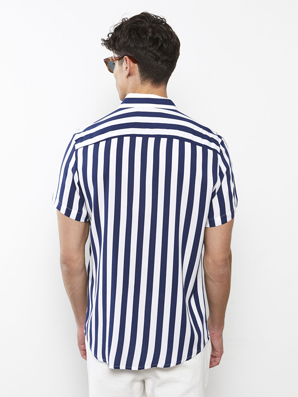 Lacivert Regular Fit Kısa Kollu Çizgili Poplin Erkek Gömlek-4