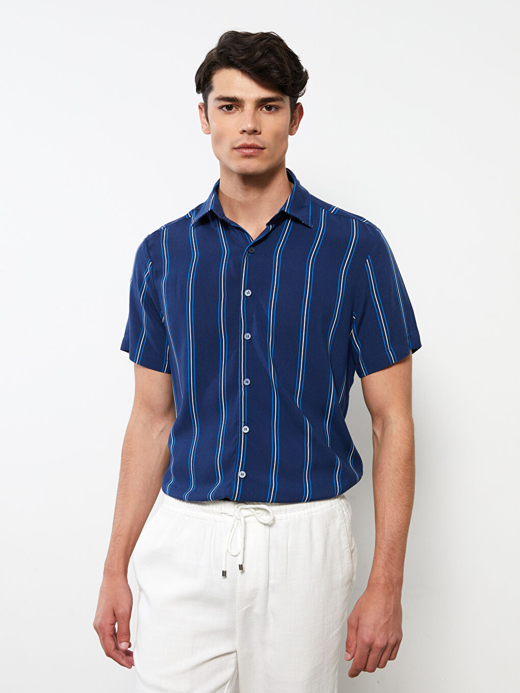 Mavi Regular Fit Kısa Kollu Çizgili Viskon Erkek Gömlek