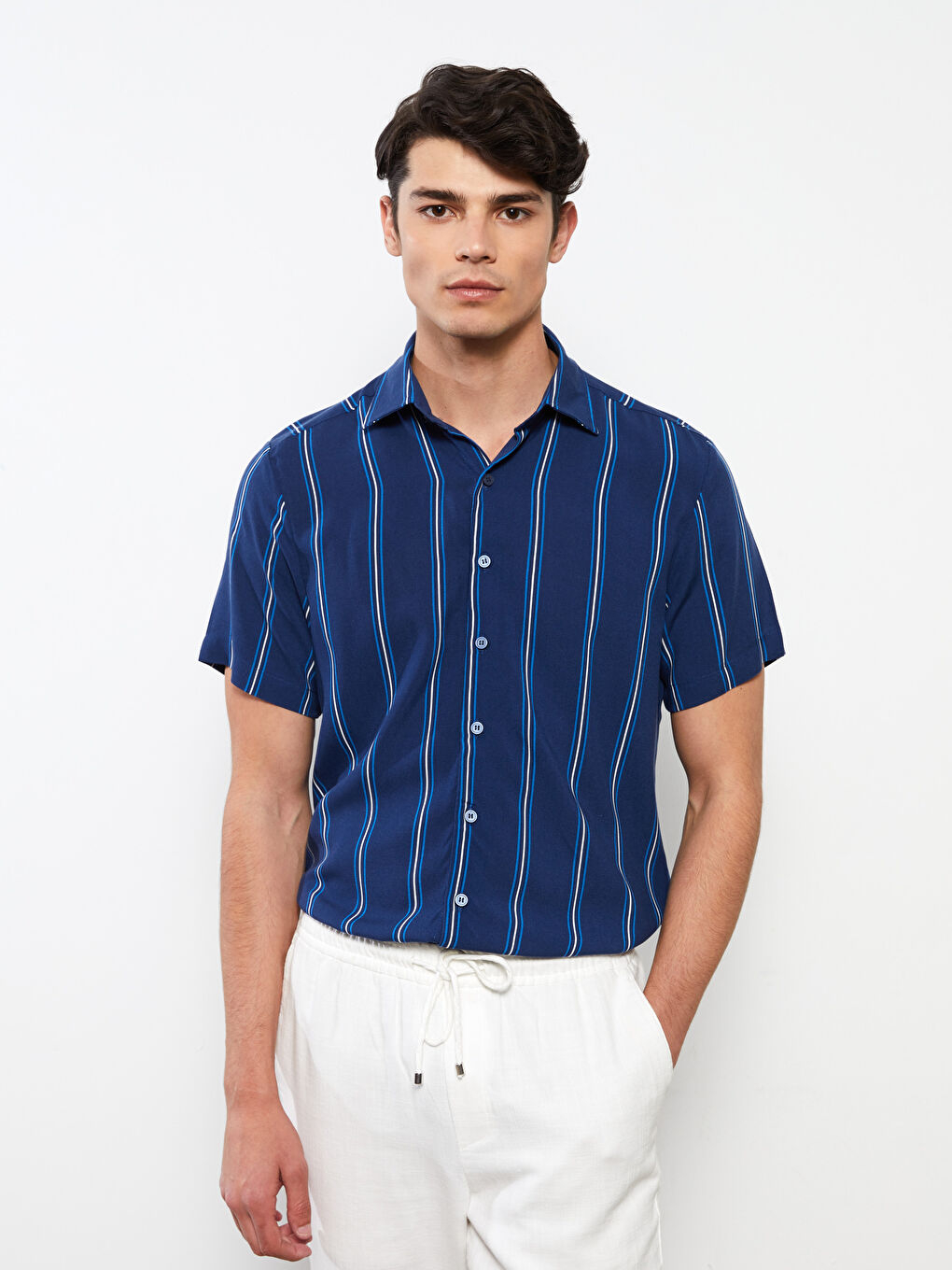 Mavi Regular Fit Kısa Kollu Çizgili Viskon Erkek Gömlek-1