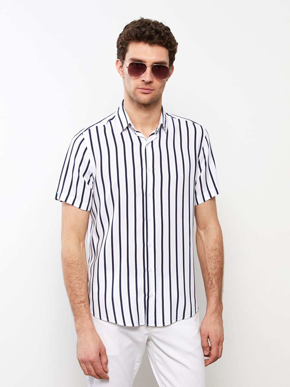 Standardni kroj Kratki rukav Prugasta Viskoza Muška Košulja-1