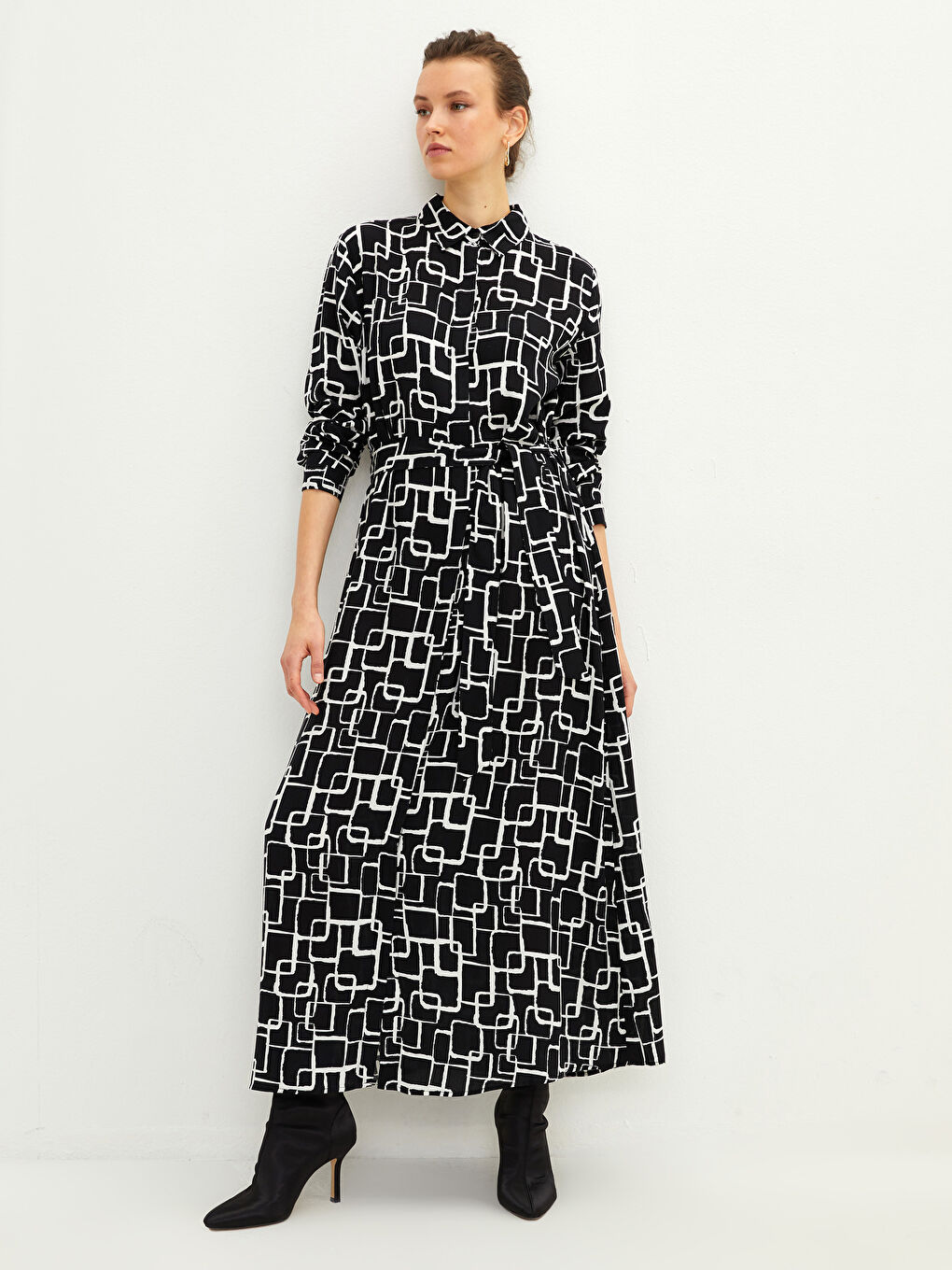 Siyah Desenli Uzun Kollu Viskon Kadın Gömlek Elbise