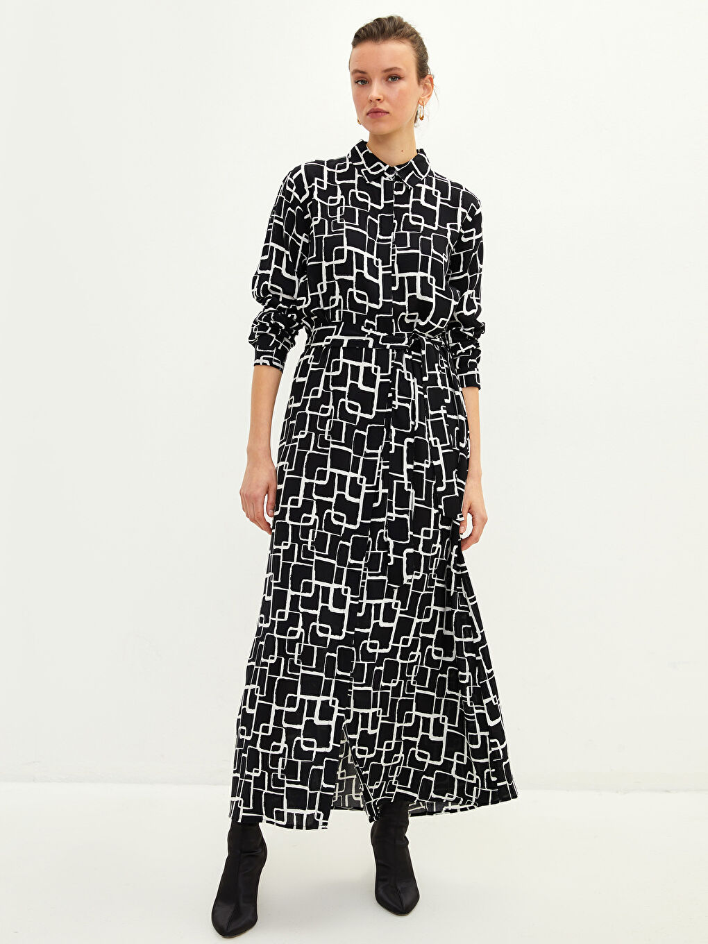 Siyah Desenli Uzun Kollu Viskon Kadın Gömlek Elbise-1