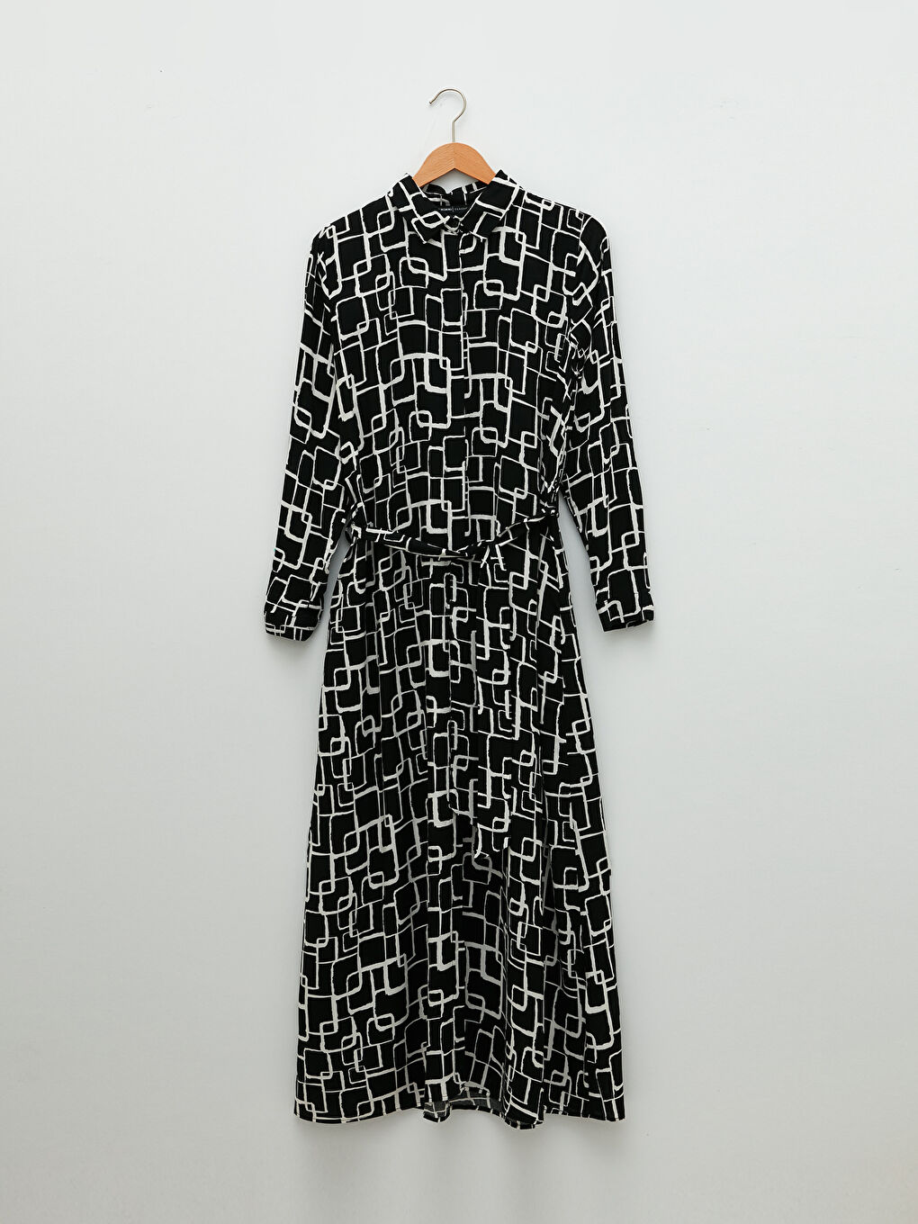 Siyah Desenli Uzun Kollu Viskon Kadın Gömlek Elbise-5