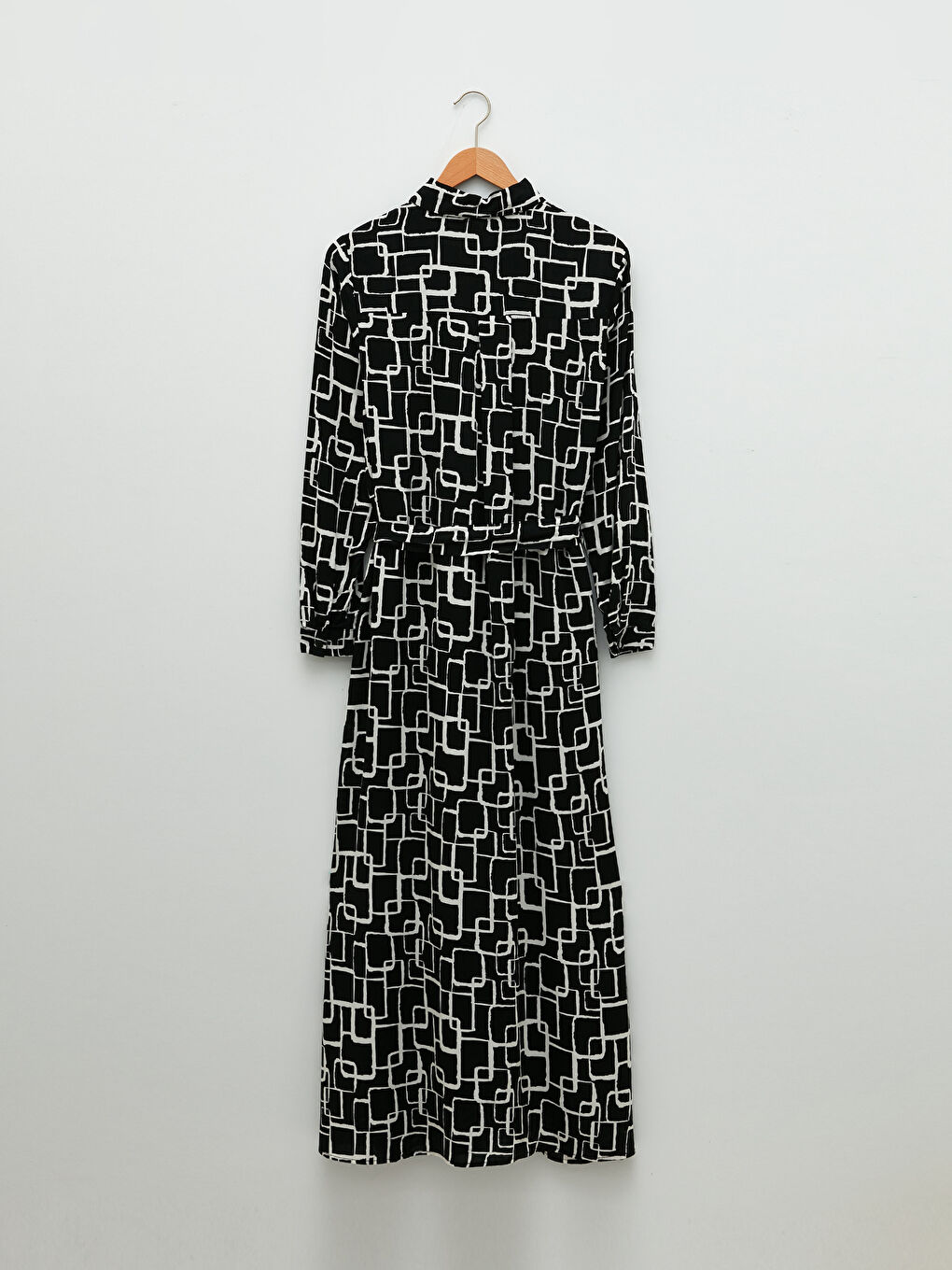 Siyah Desenli Uzun Kollu Viskon Kadın Gömlek Elbise-6