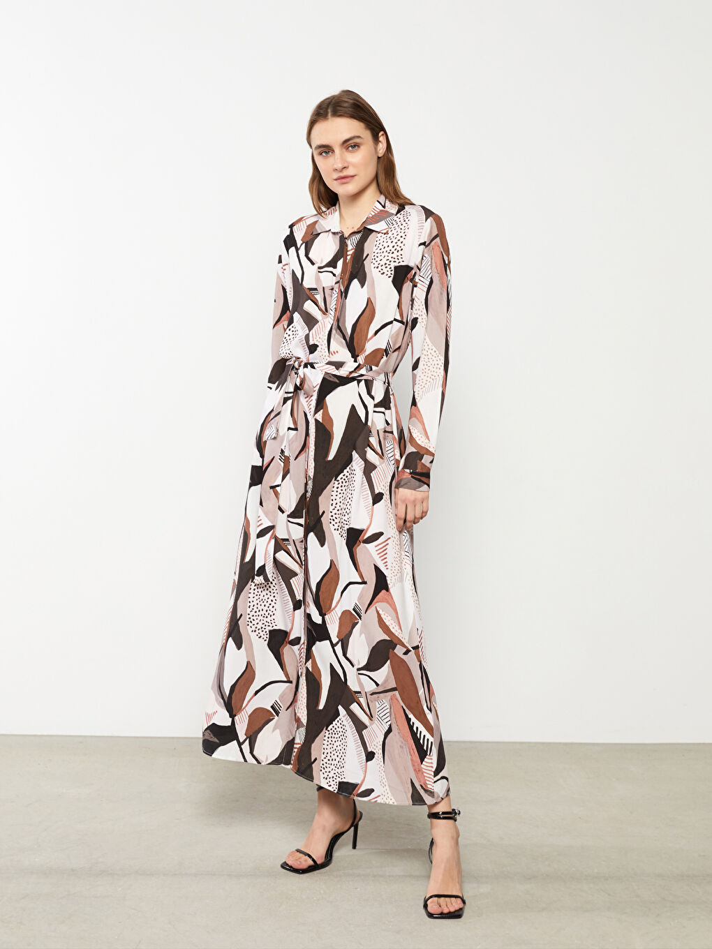 Patterned Long Sleeve Viscose Women Shirt Dress -S2DB55Z8-LQY