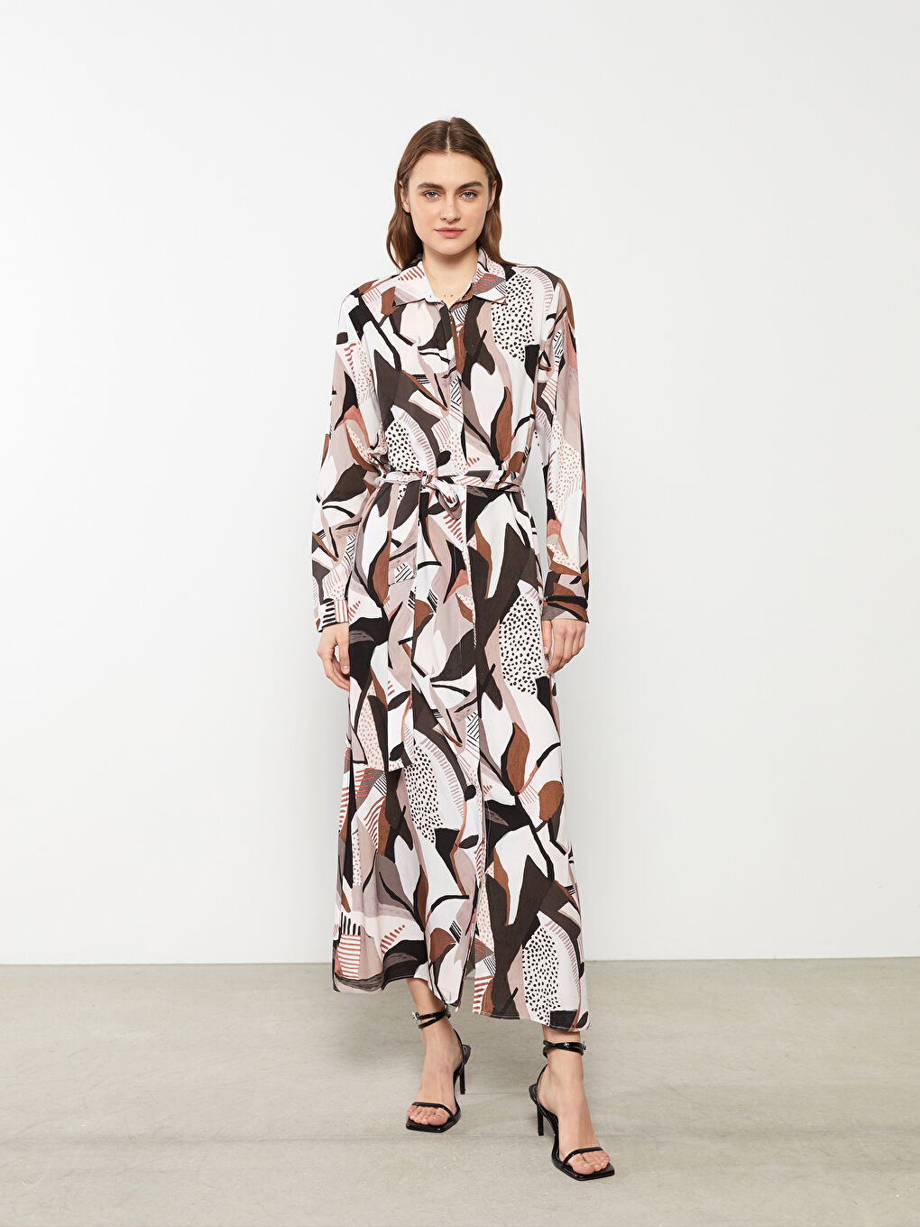 Patterned Long Sleeve Viscose Women Shirt Dress -S2DB55Z8-LQY