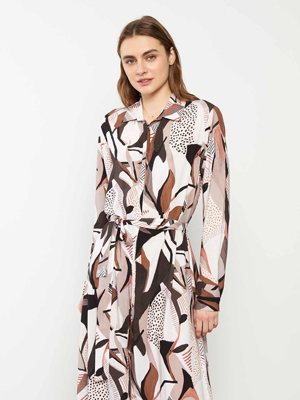 Patterned Long Sleeve Viscose Women Shirt Dress -S2DB55Z8-LQY